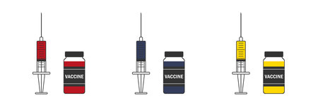 Vaccination concept. A set of medical syringes with a vaccine and an ampoule. Red, blue, yellow. Illustration in a flat style.のイラスト素材