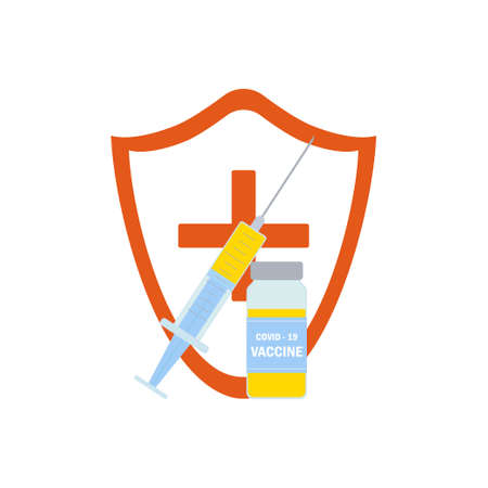 Covid-19 vaccine concept. Syringe, vaccine ampoule and coronavirus prevention shield. Illustration.のイラスト素材