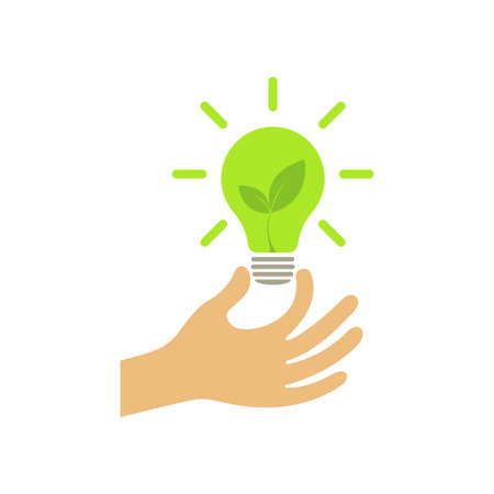Hand holds a light bulb. Environmental lighting concept with leaf logo. Illustrationのイラスト素材