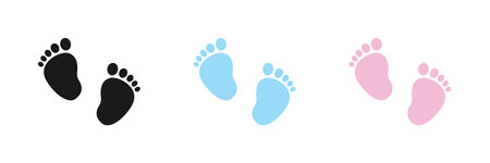 Set of vector illustrations of baby steps - pairs of black, pink and blue footprints in a flat stylのイラスト素材
