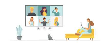 Online Virtual Meetings. Work from Home WFH During Pandemic Outbreak. Teleconference TV. Video Conference Webinars or Remote Working. Vector.のイラスト素材