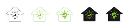 House with green leaves light natural energy lamp. Set of icons. Illustrationのイラスト素材