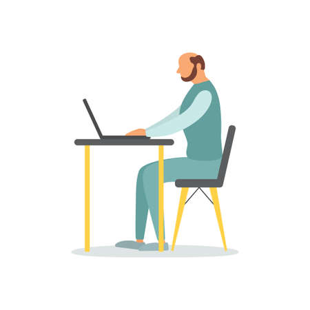 A man works at home with a laptop. Remote access work. Quarantine. Illustrationのイラスト素材