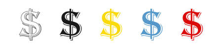 Dollar icons set, red, blue, black, yellow, white, flat design web buttons, vector illustration.のイラスト素材