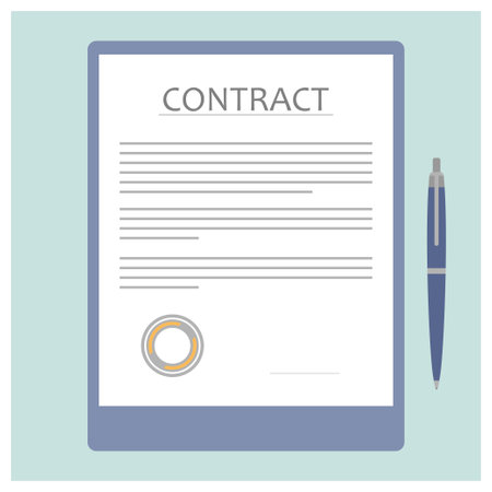 Contract signature icon. Document, folder with stamp, text and pen. Illustrationのイラスト素材