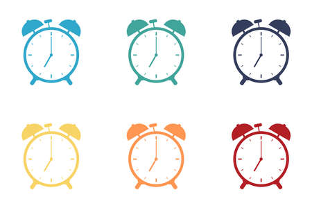 Alarm clock icons set. yellow, green, red, blue alarm clock. Vector illustrationのイラスト素材