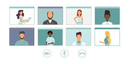 Online Virtual Meetings. Work from Home WFH During Coronavirus COVID-19 Pandemic Outbreak. Teleconference TV. Video Conference Webinars or Remote Working. Vector.のイラスト素材