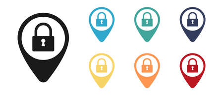Icon set. Isolated map marker with closed padlock. Web design.のイラスト素材