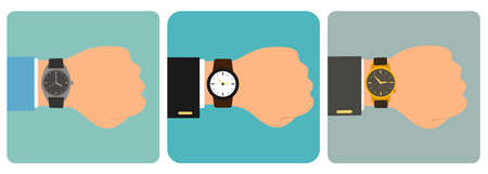 Watch on the wrist. Time symbol isolated on blue, gray background. Set of illustrationsのイラスト素材