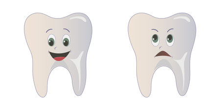 A set of teeth, a funny and sad tooth. Illustration isolated on white background.