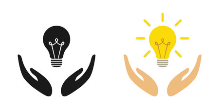 Lamp icons set in hands. Idea lamp icon collection. Flat style - stock vector.のイラスト素材