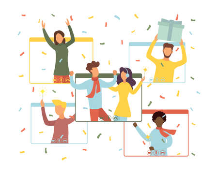 Internet party, meeting with friends. People celebrate Christmas and New Year together in quarantine. Vector illustration.のイラスト素材