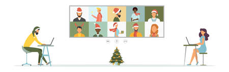 Christmas online chat. Home video conferencing with laptop. Illustration.のイラスト素材