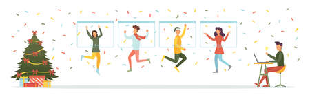 Internet party, meeting with friends. People celebrate Christmas and New Year together in quarantine. Vector illustration.のイラスト素材