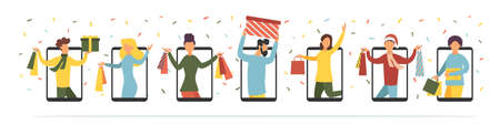 Christmas discounts online. People shop online. Vector illustration.のイラスト素材