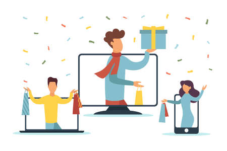 Christmas discounts online. People shop online. Vector illustration.のイラスト素材