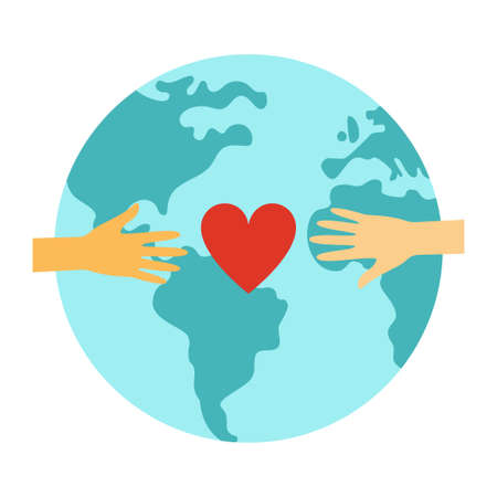 Planet Earth, hands and heart - a symbol of peace and unity of communities. vector illustrationのイラスト素材