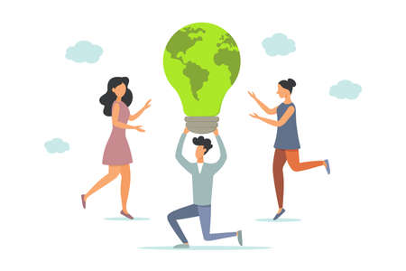 Green light of nature energy lamp. The concept of an alternative source of energy, production and conservation of clean energy. People are saving planet Earth. World Day for Conservation of Nature. Illustration.のイラスト素材