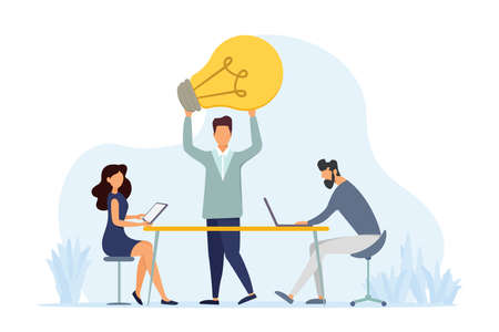 Team brainstorming, idea management, project management, new idea generation, startup collaboration, solution search, product development. vector illustration.のイラスト素材