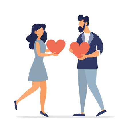 Loving couple together. People hold hearts in their hands. Vector illustration.のイラスト素材