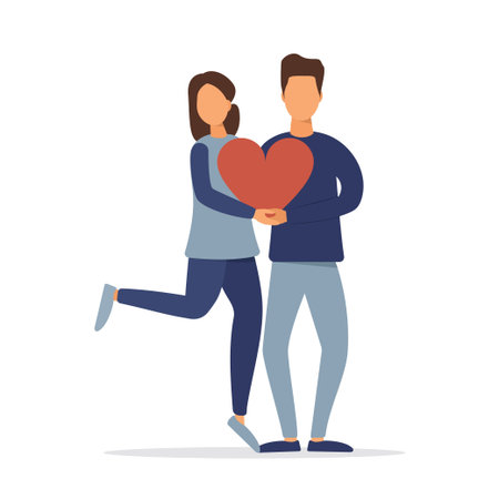 Loving couple together. People hold hearts in their hands. Vector illustration.のイラスト素材