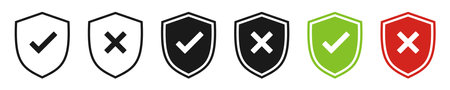 Shield with checkmark and cross. Internet protection symbol. Set of illustrationsのイラスト素材