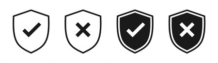 Shield with checkmark and cross. Internet protection symbol. Set of illustrationsのイラスト素材