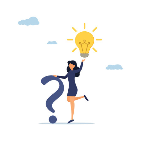 Quality concept. Questions and answers or problem solution, frequently asked questions, help or creative thinking idea. Businesswoman holding question mark and light bulbのイラスト素材