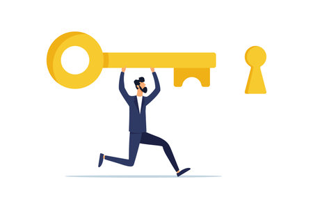 Success concept. Business man carries the golden key of success into the keyhole. The key to success. Illustrationのイラスト素材