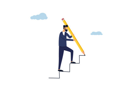 Success concept. Progress and goal achievement, motivation to develop the concept of a path or staircase to success, smart businessman draws a big staircase with a pencil. Illustrationのイラスト素材