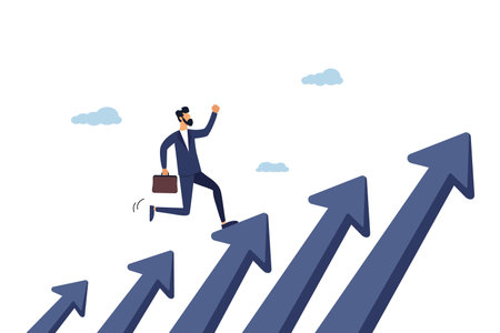 Confident businessman runs in the direction of the arrows. Concept of growth in career and business. Illustrationのイラスト素材