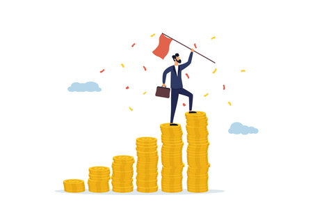 Financial freedom concept, monetary achievements or making a profit, savings or investment goals concept, successful businessman holding a victory flag on a stack of cash coins. Illustrationのイラスト素材