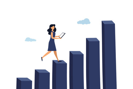 Growth and progress in career to achieve business goal, motivation for success, business woman working on laptop climbing up growing graph and chart. Illustrationのイラスト素材