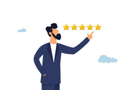 Satisfaction concept. Customer feedback: 5 star, best quality, high performance, positive rating or business reputation. Illustrationのイラスト素材