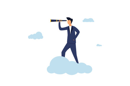 Business opportunity, achieving target concept, smart businessman riding in high clouds with binoculars looking for business visionary. Illustrationのイラスト素材