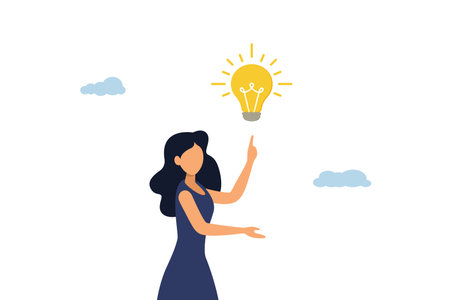 Business innovation concept. Business woman with new idea, shiny light bulb. Illustrationのイラスト素材
