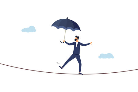 Confident businessman, balance, walking on a high tight rope. Protection against business or investment risks, challenge, danger and difficulties to be overcome.のイラスト素材