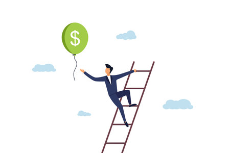 Businessman on the stairs in the clouds is trying to catch a balloon with dollar money. Achieving financial goals, a staircase of success. Illustrationのイラスト素材