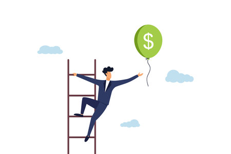 Businessman on the stairs in the clouds is trying to catch a balloon with dollar money. Achieving financial goals, a staircase of success. Illustrationのイラスト素材