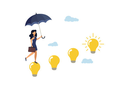 Smart business woman walking along a light bulb staircase as a staircase to success with an umbrella in her hands. Career success. Female leadership or career development concept.のイラスト素材