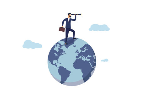 Globalization. Business opportunity concept. Global business vision, world economy. Smart businessman standing on globe with telescope to see vision or future opportunities.のイラスト素材