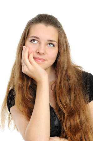 A smiling attractive brunette in a black shirtの写真素材