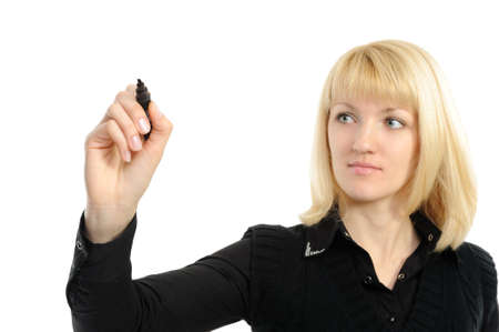  Business woman drawing something on screen with a pen - isolated over a white backgroundの写真素材