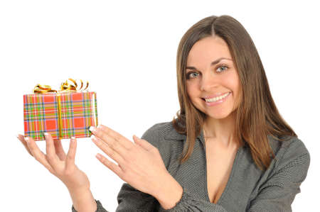   The happy woman with the gift, on separately on a white backgroundの写真素材