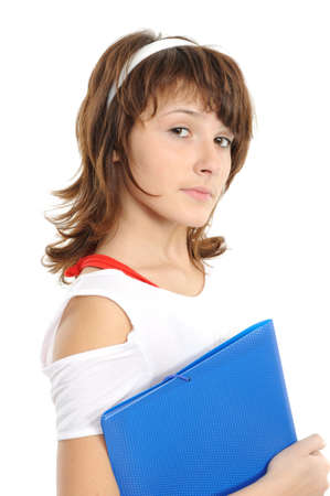 The young girl with a folder on a white backgroundの写真素材