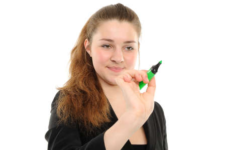  Business woman drawing something on screen with a pen - isolated over a white backgroundの写真素材