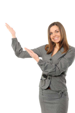 Copyspace here!! woman presenting copy space  on white backgroundの写真素材