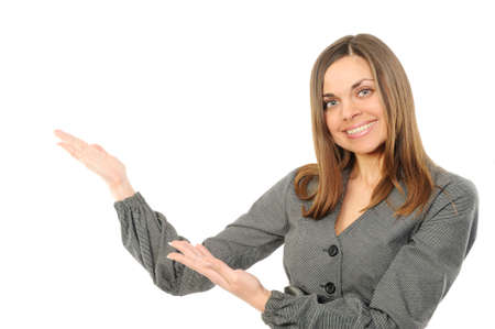 Copyspace here!! woman presenting copy space  on white backgroundの写真素材