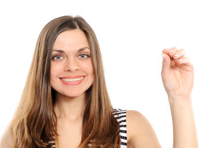 young woman, holds your product の写真素材