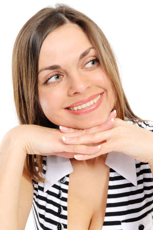  Positive young woman . Looks upwards                             の写真素材